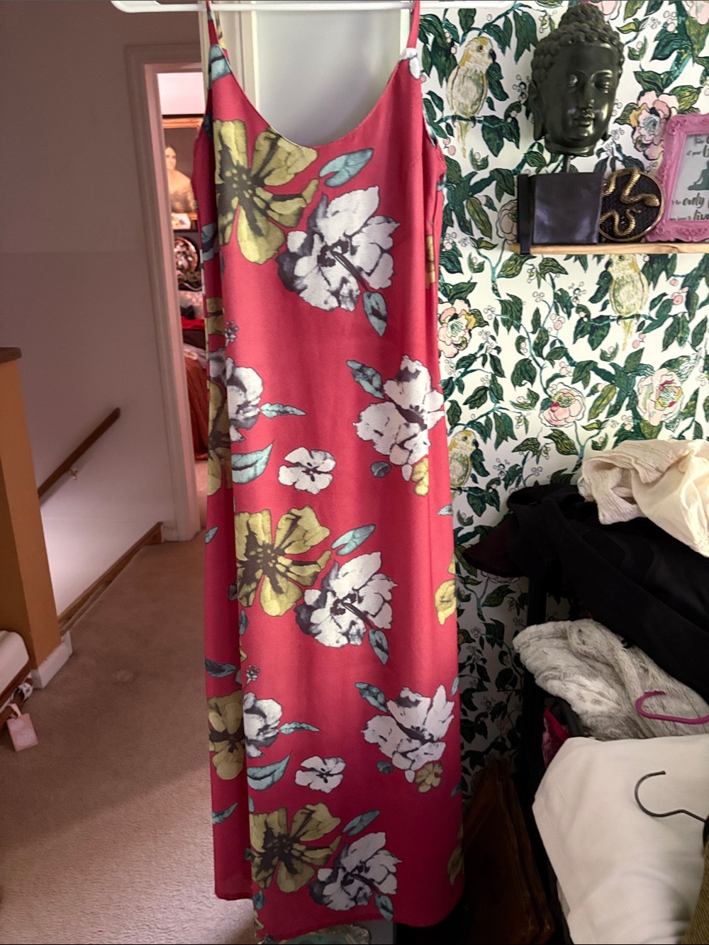 Sleeveless Coral Pink Floral Maxi Slip Dress